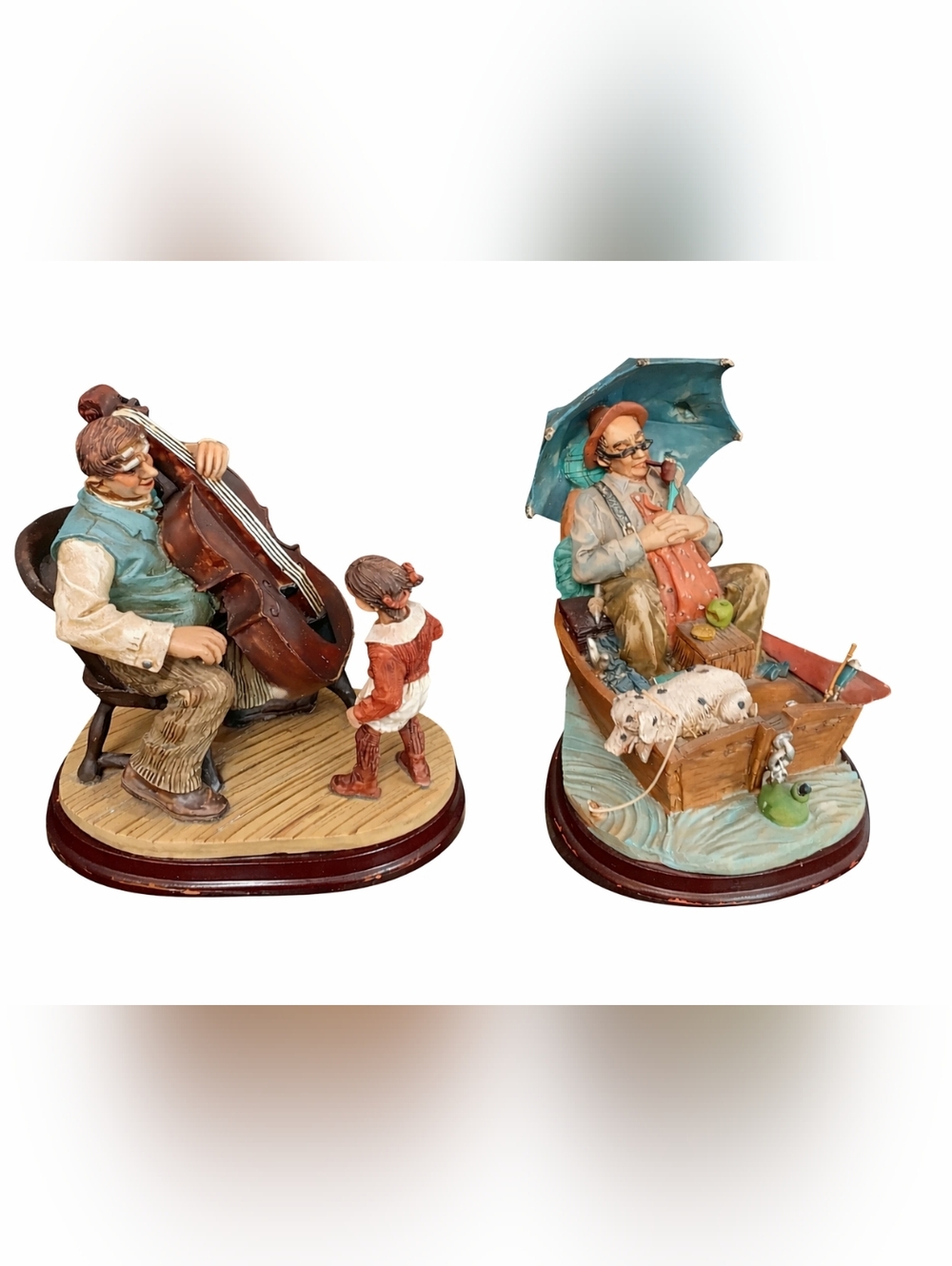 Hand-Painted Folk Art Figurine Pair in Teal, Brown & Rust Vintage
